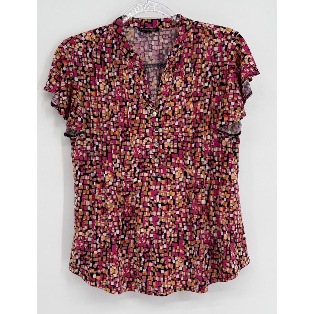Ava & Grace Petite Pink Geometric Mosaic Flutter Sleeve Blouse Sz PS‎